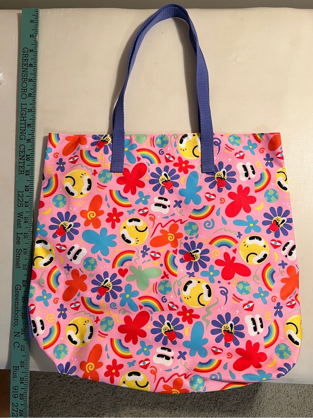 Estee Lauder Pink Floral & Emoji Print Tote with Blue Handles